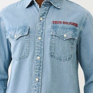 True Religion Chambray Long Sleeve Western Pearl Snap Shirt Size M - EUC